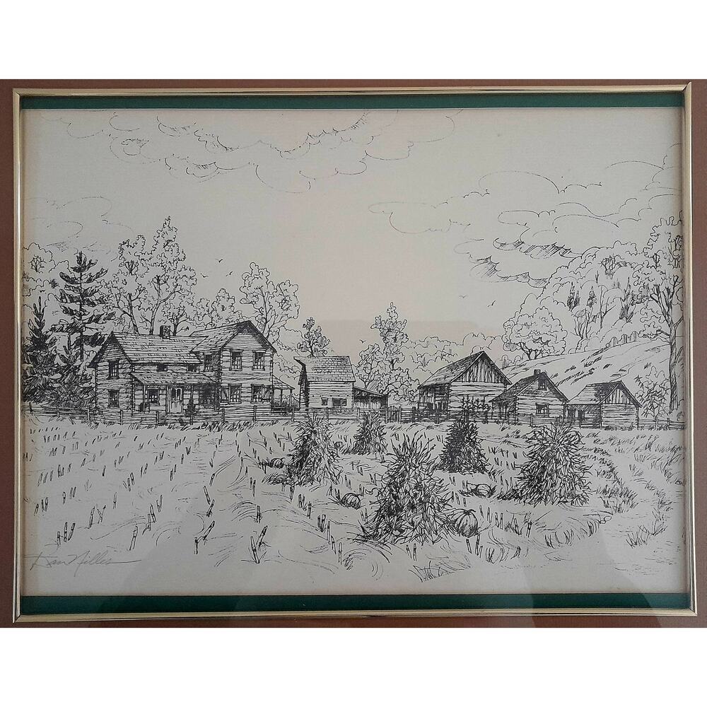 DAN NILLES Midwest Artist Black/White Farm Scene -- 18" X 22" Framed